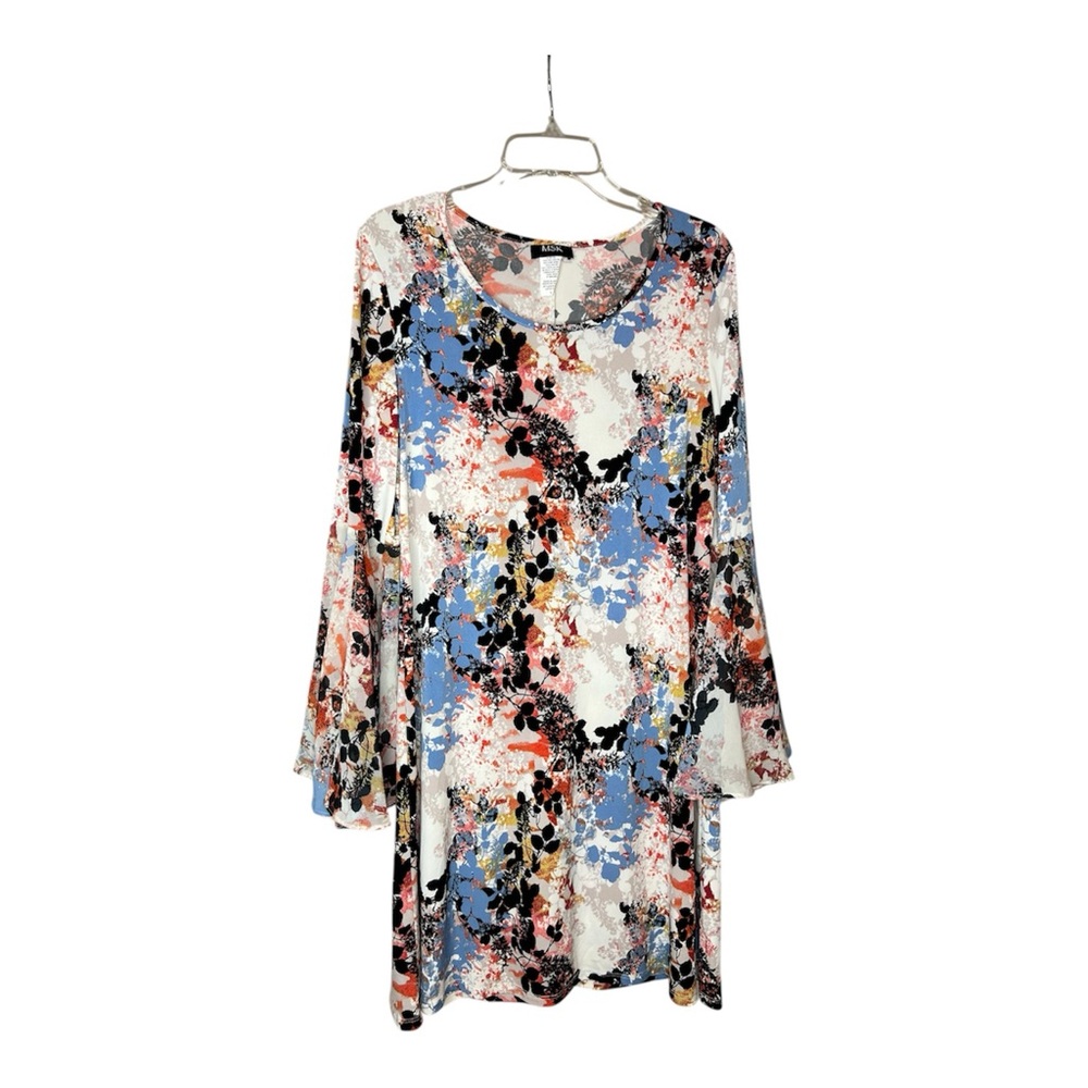 MSK Multicolor Floral Splash Tunic Dress - White, Blue, Black, Pink, Gold Sz L